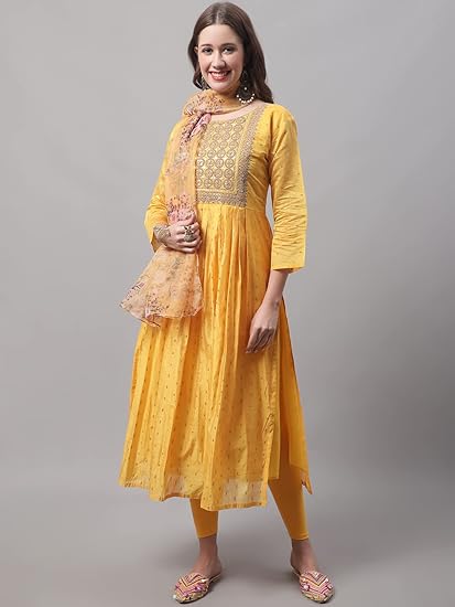 VredeVogel Women's Chanderi Modal Butti Kurta with Stretchable Leggings & Organza Dupatta Set