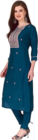 ladyline Womens Roman Silk Kurta with Pants Set Zari Embroidered Salwar Kameez Dress