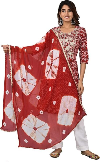 Vrnda Women's Cotton Indian Bandhej Print Straight Kurta Set Yoke Embroidery Kurti With Pant and Dupatta Set Dress